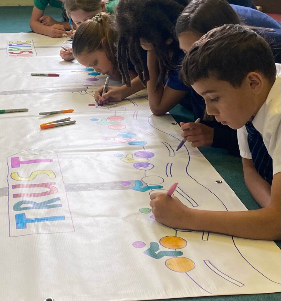 Photo of pupils working on a large banner
